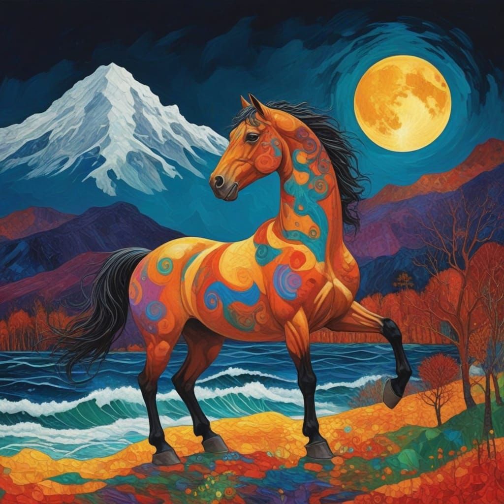 Gilded Horse Under Stormy Sea in Vibrant Colors