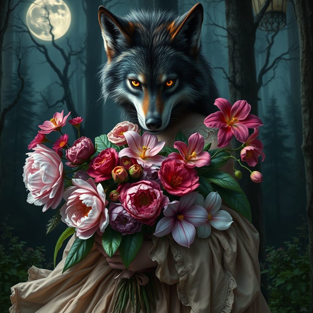 Female werewolf stares wickedly while holding a bouquet