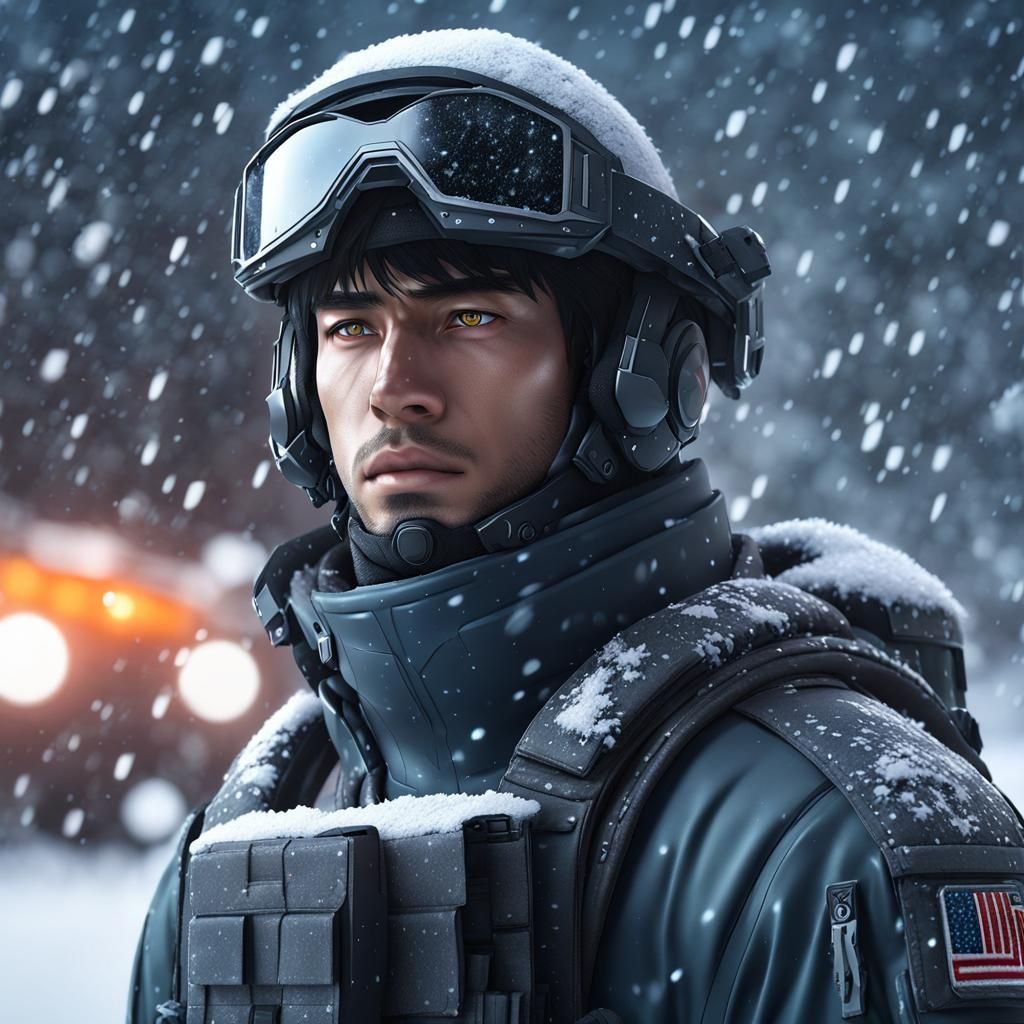 Scifi Soldier Anime Boy in a snow storm...