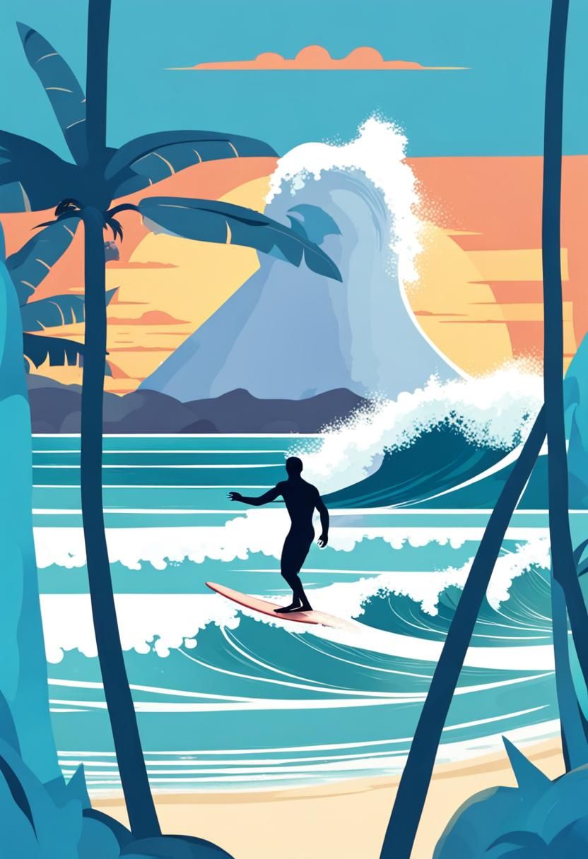 Surfer Rides Waves on Sunny Tropical Beach