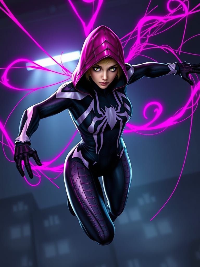 Dynamic Superheroine in Spider Suit with Pink Webs