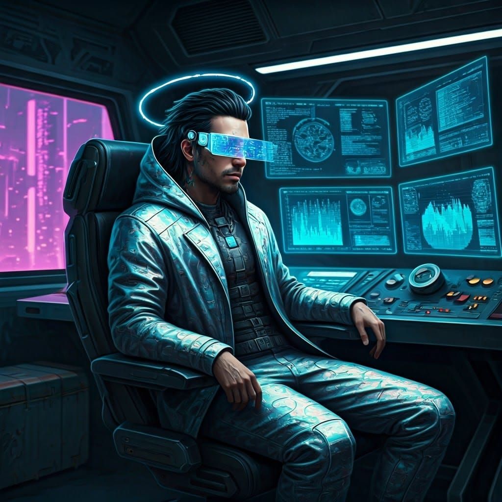 Cyberpunk Netrunner Surrounded by Holographic Projections