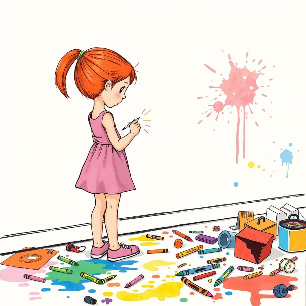 Girl Drawing on Wall in Whimsical Style