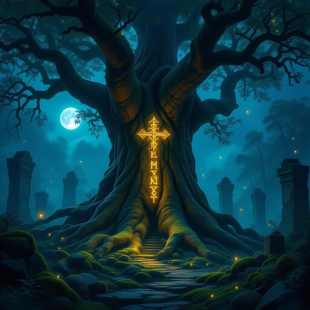 Ancient Tree with Glowing Runes and Twin Moons