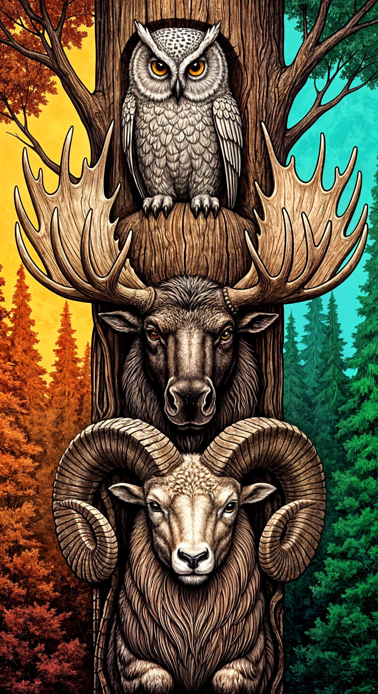 Totem Pole Optical Illusions: Owl, Moose, Ram Carvings