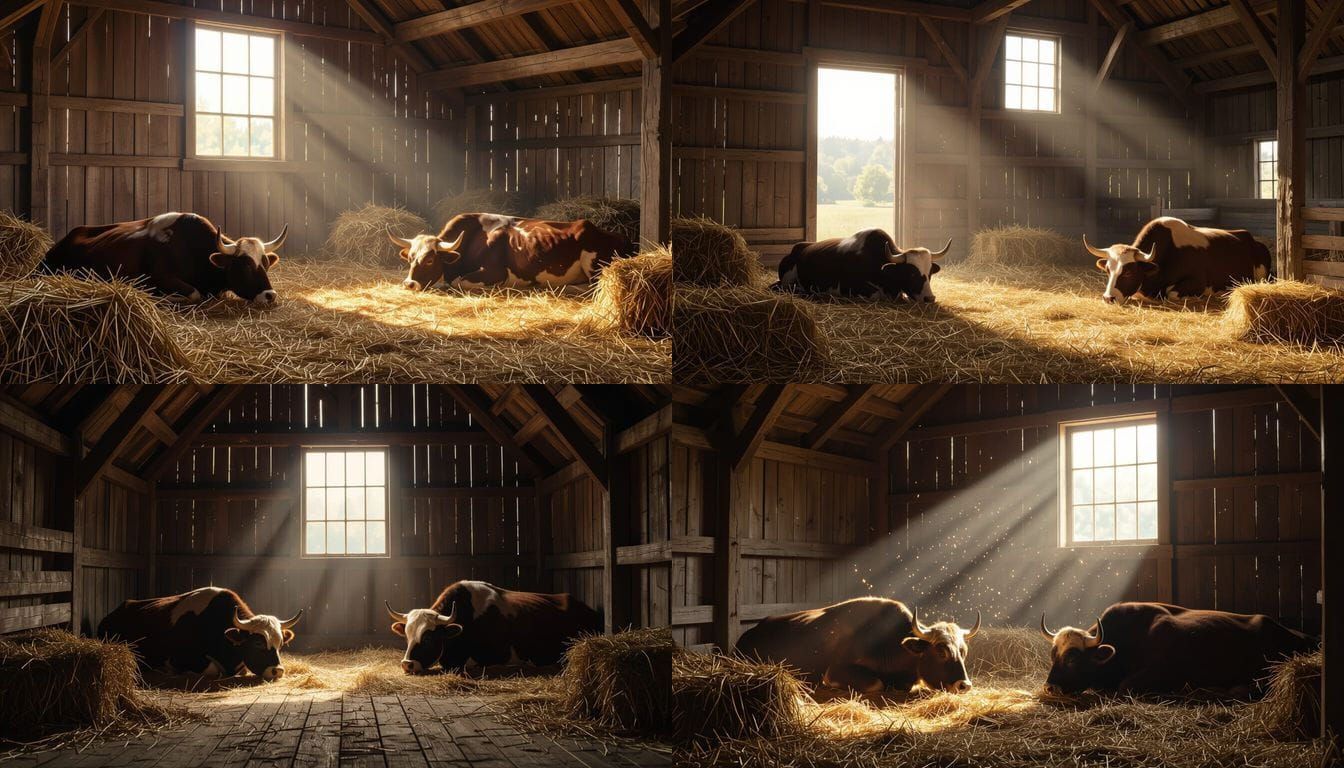 Rustic Barn Interior with Oxen Resting in Soft Light