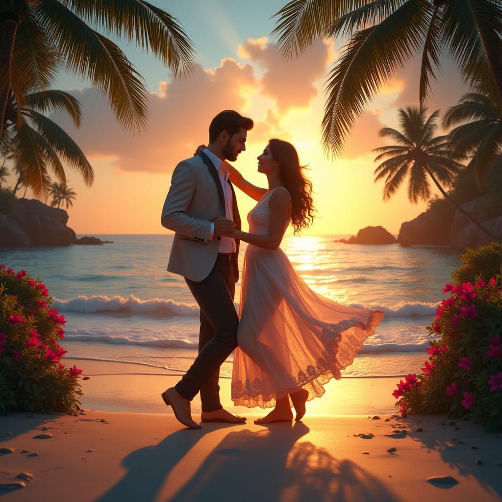 Elegant Sunset Beach Dance in a Dreamlike, Cyberpunk-Inspire...