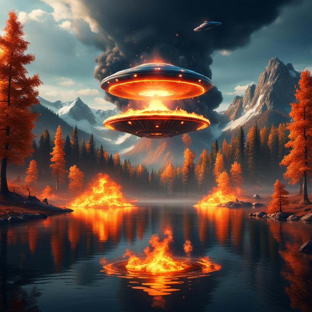 Lake with Burning UFO: Detailed Fantasy Art
