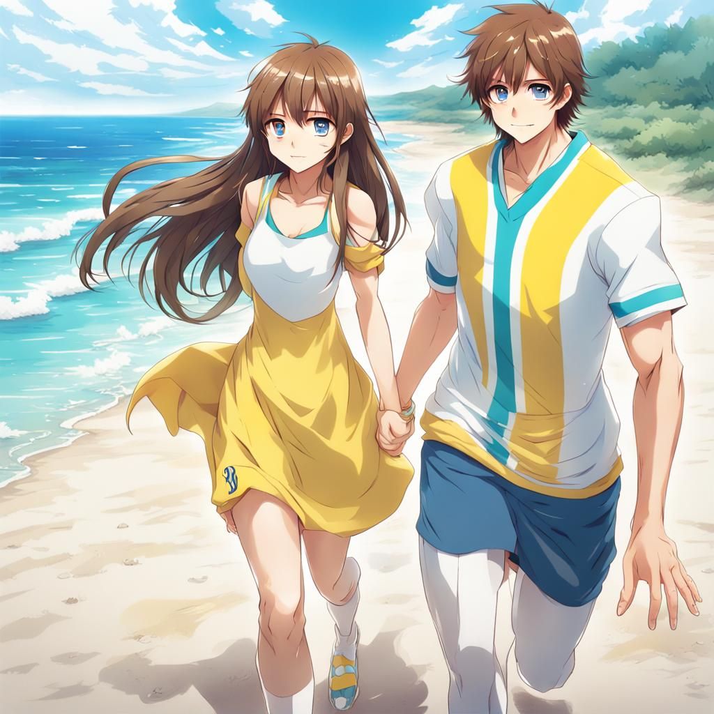 Anime Style Beach Scene with Couple