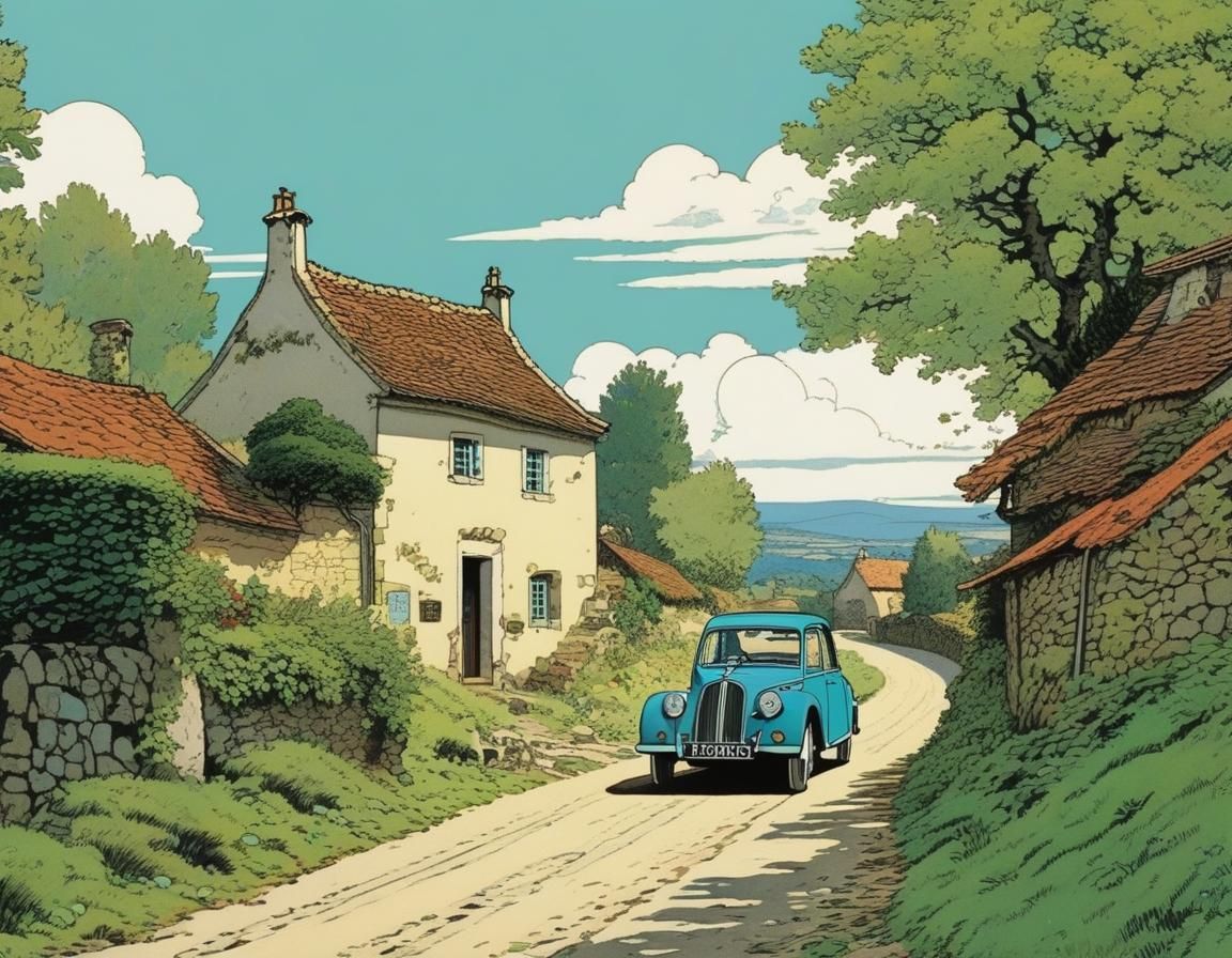 Vintage Car on Village Road in Hergé Style