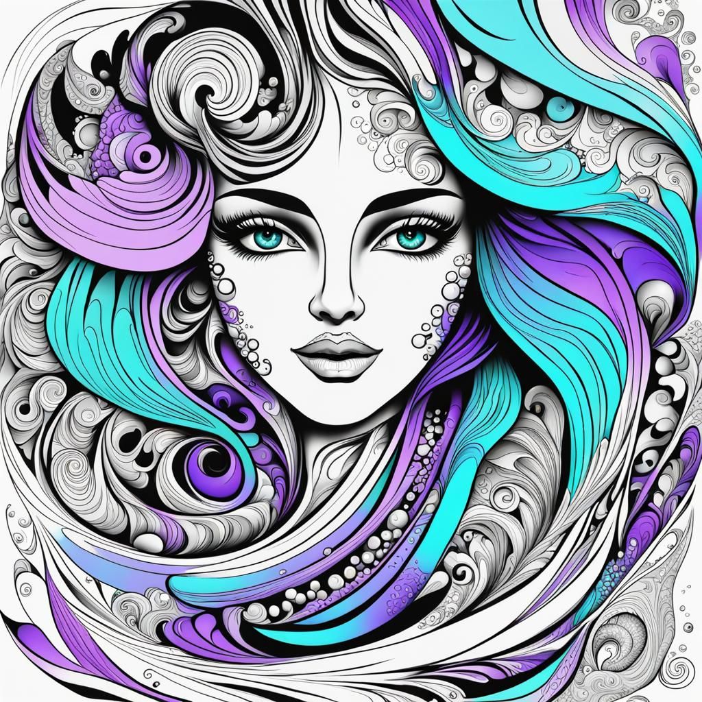 Mermaid Portrait in Coloring Book Line Art