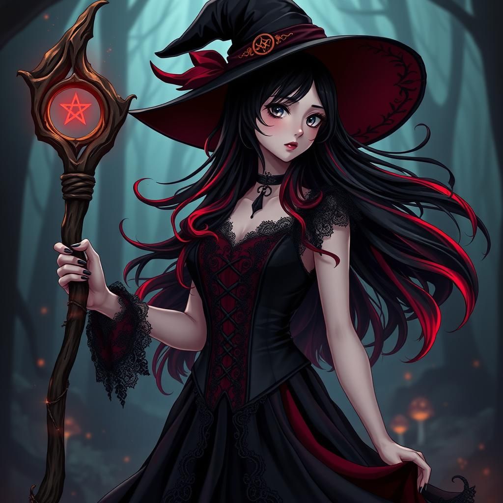 Gothic Witch in Anime Style Casting Spell