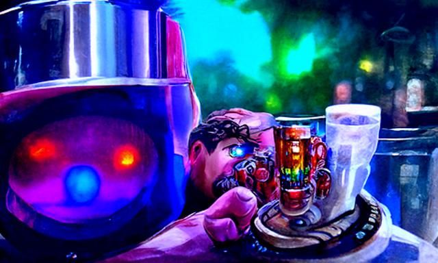 Cyborg bartender Thomas Kinkade