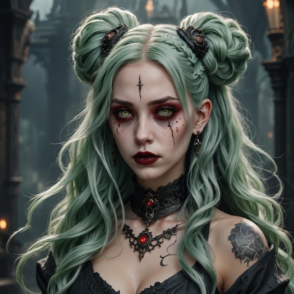 Gothic Woman with Space Buns, Hyperrealistic Art