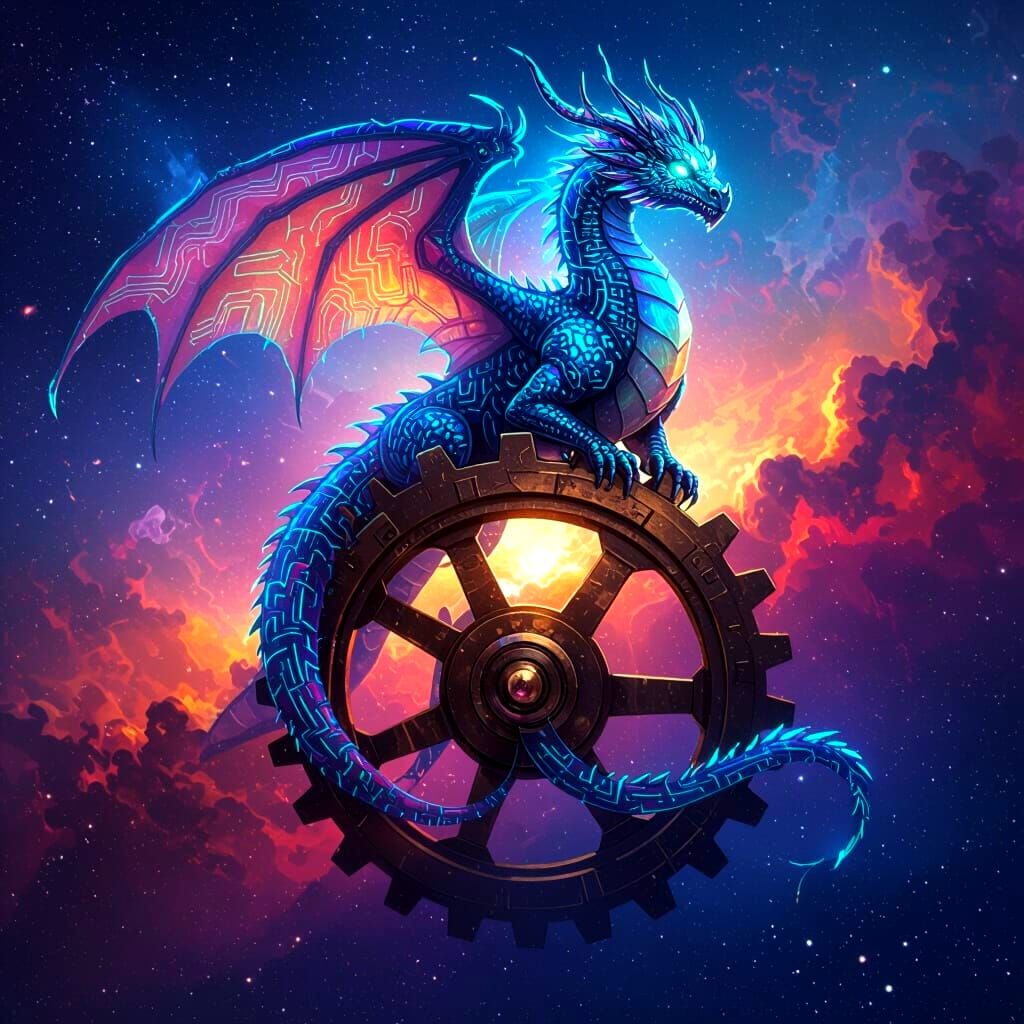 Majestic Dragon Perched on Ancient Gear Mechanism