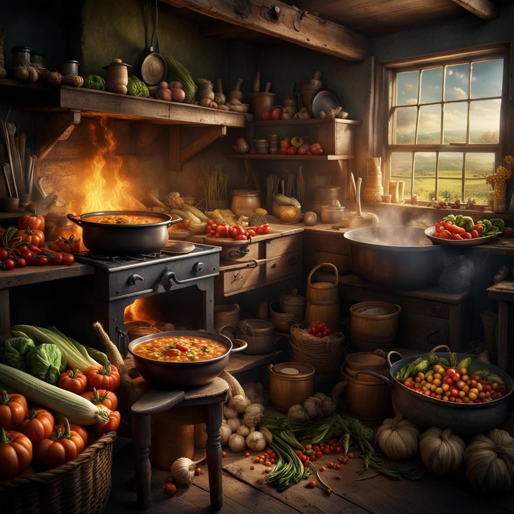 Cozy Cottage Kitchen with Vegetable Soup