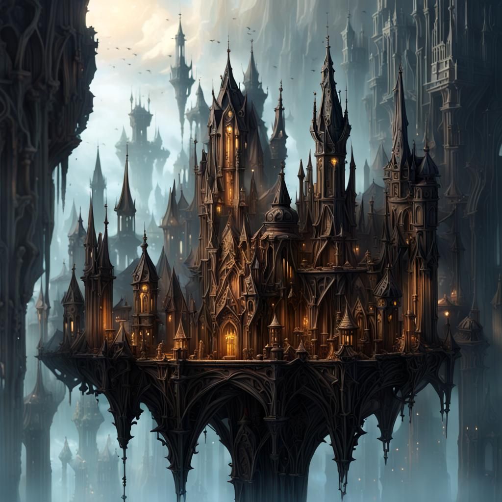 Fantasy Gothic Floating City in Ethereal Mists