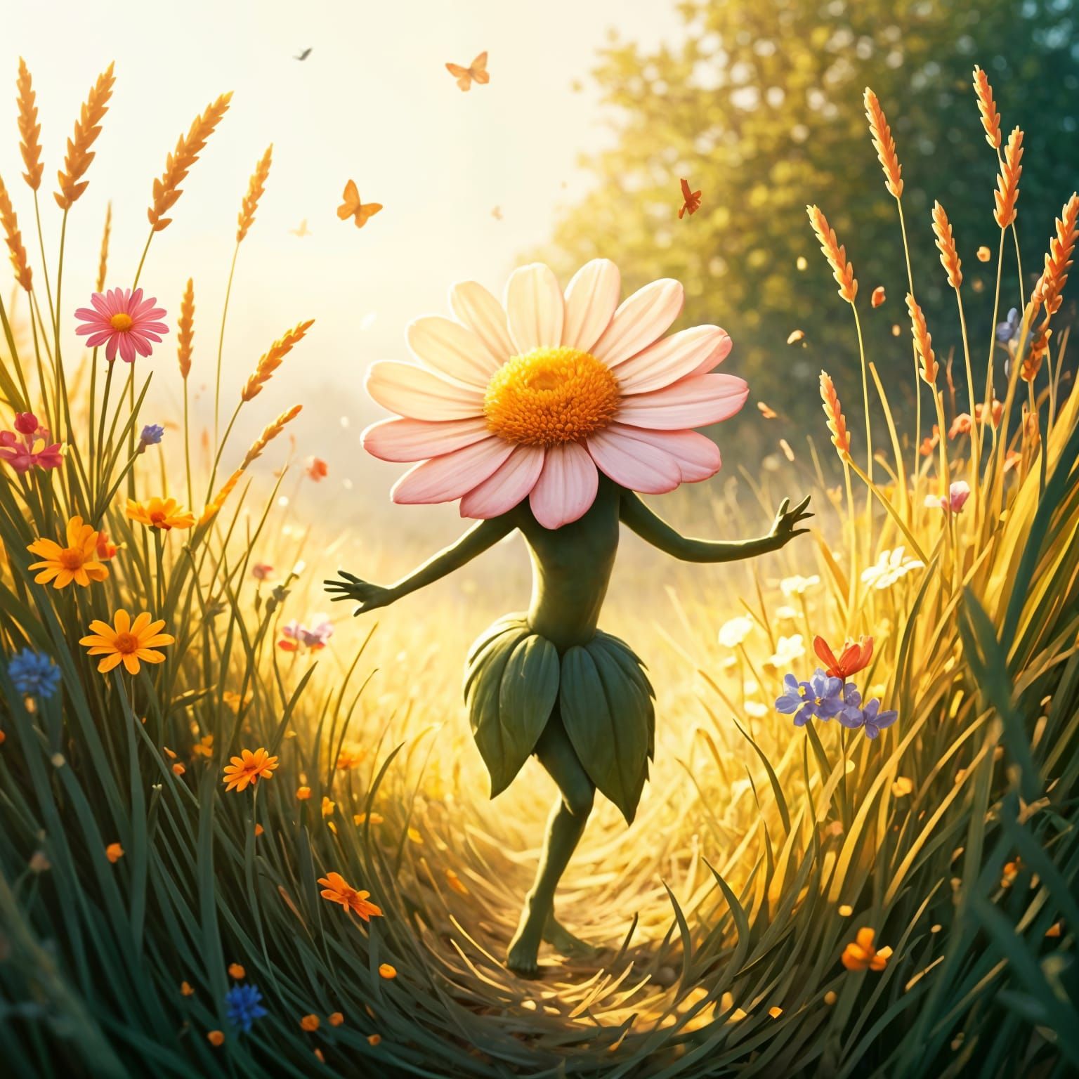Vibrant Meadow Flower Dances in Whimsical Style