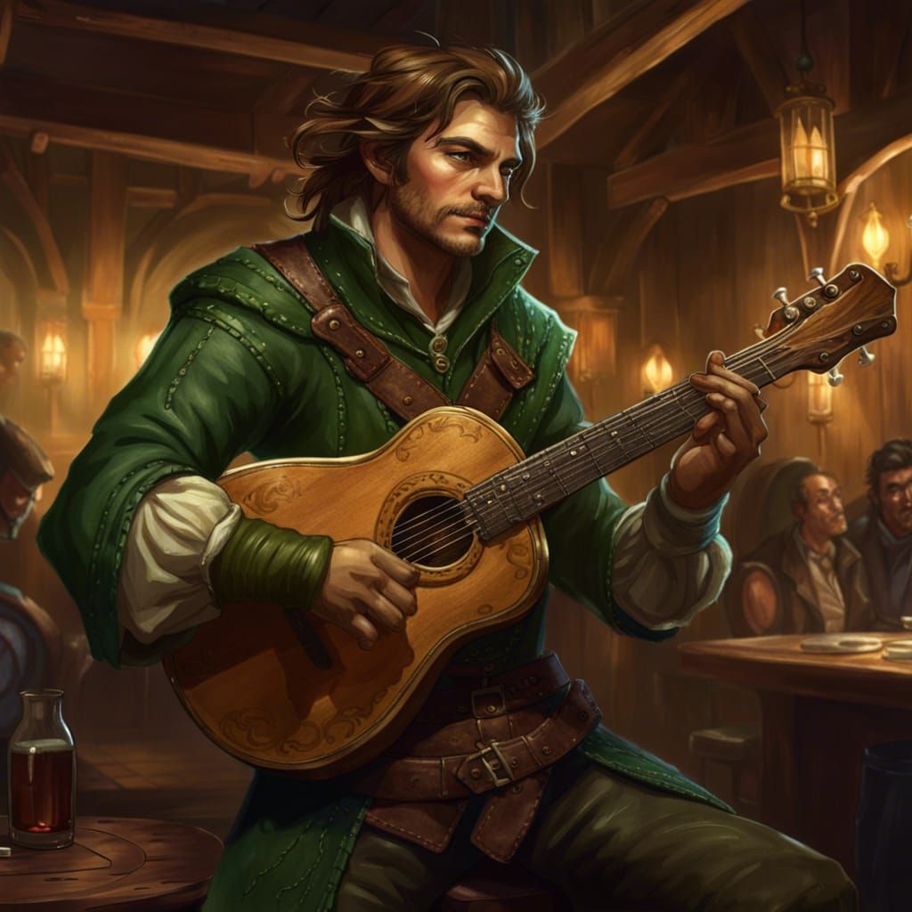 Fantasy Bard in Tavern: Dark Concept Art