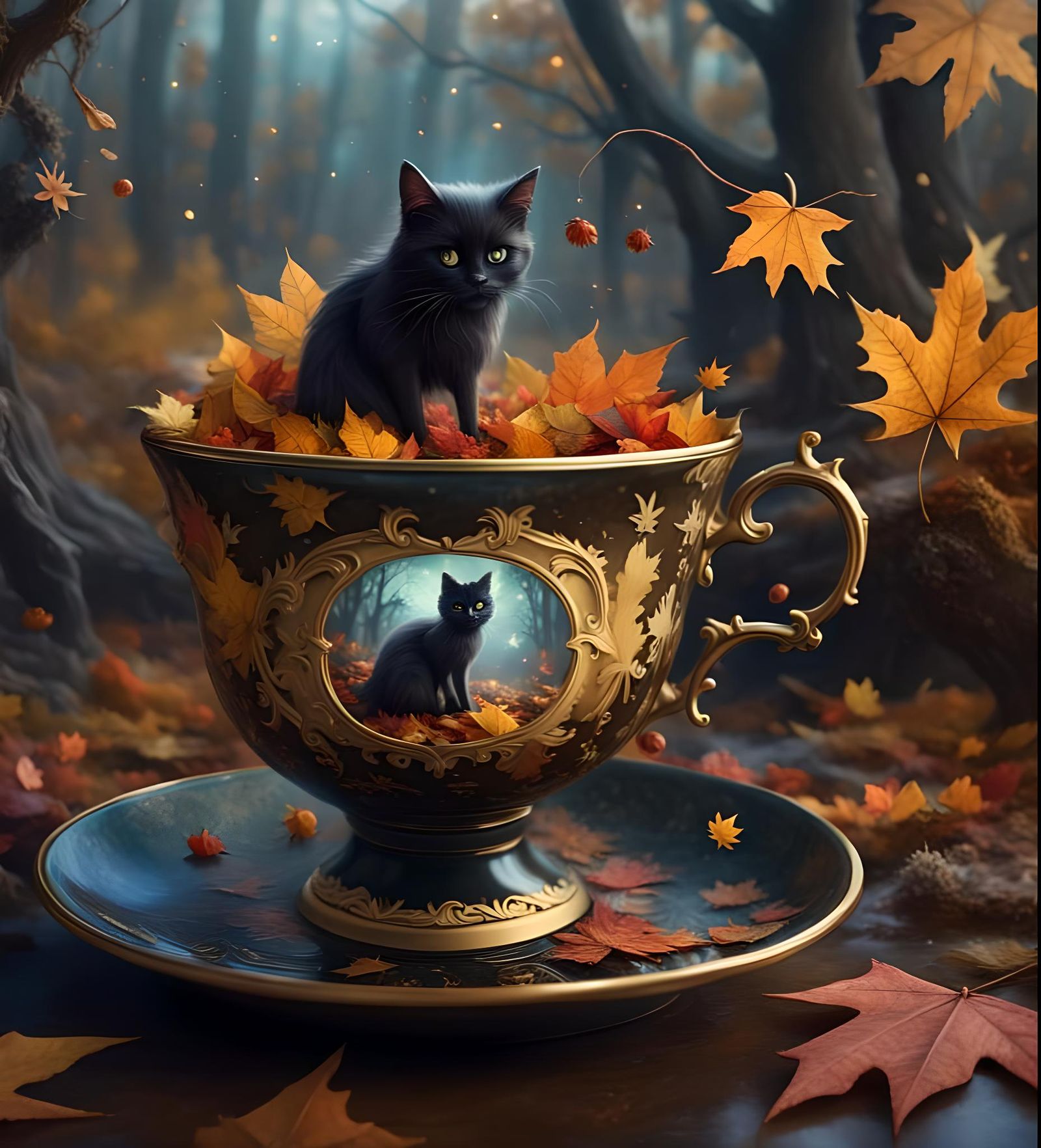Black Cat in Teacup: Miniature Autumn Fantasy