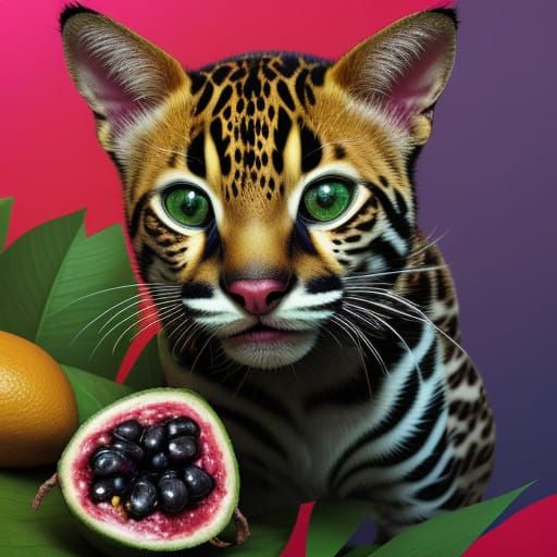 Vibrant Ocelot Unfurls from Passion Fruit in Hyperrealistic...