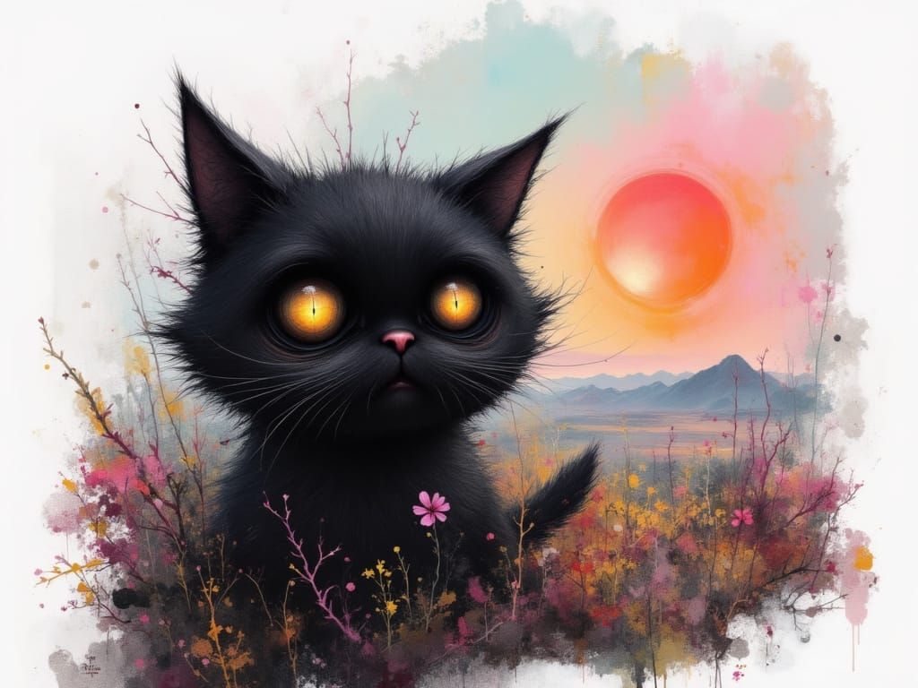 Black Scottish Fold Cat in Fantasy Art Style