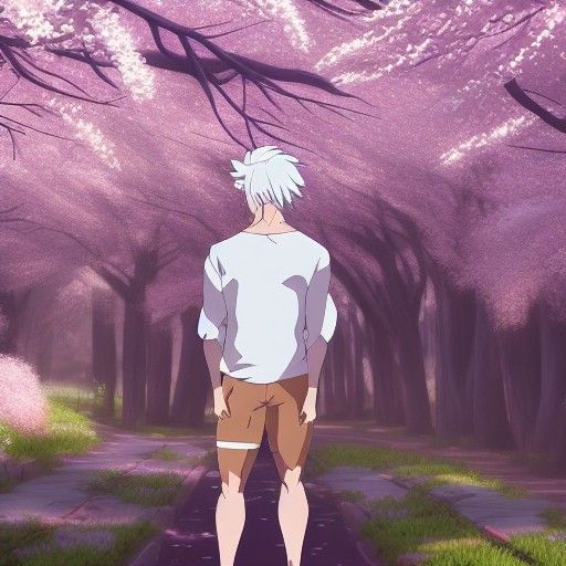 Anime White-Haired Man in Cherry Blossom Forest