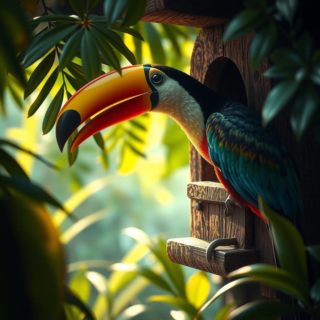 Iridescent Toucan Birdhouse in Rainforest