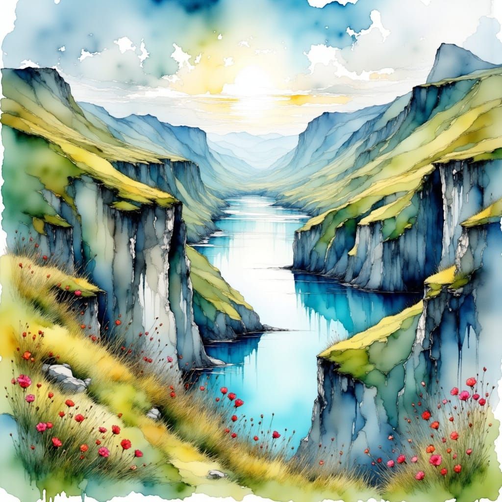 <lora:Ink Poet:1.0> <lora:Flux - Painterly:1.0> A scenic ove...