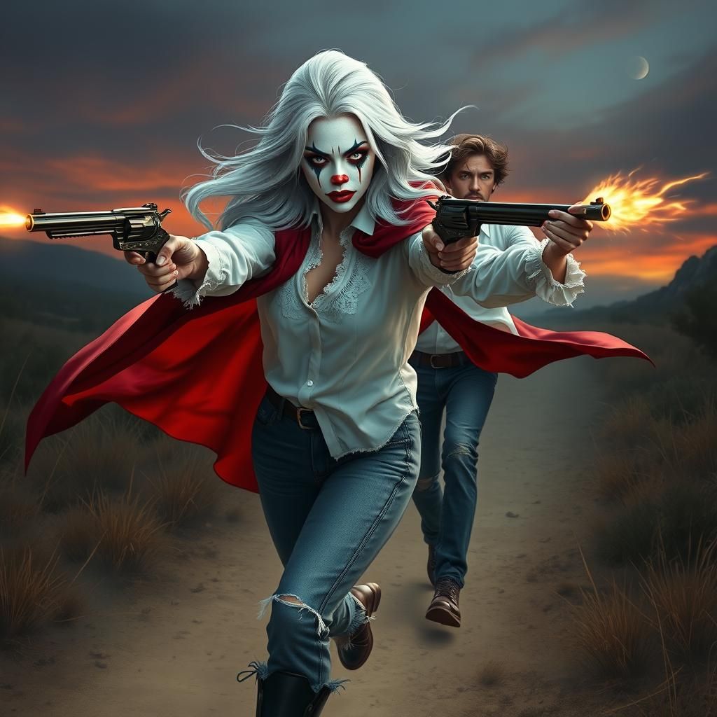 Woman with Clown Makeup Fires Guns, Digital Art