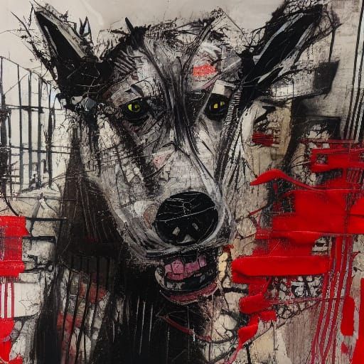 Urban Boy and Dog in Neo-Primitivist Graffiti Style