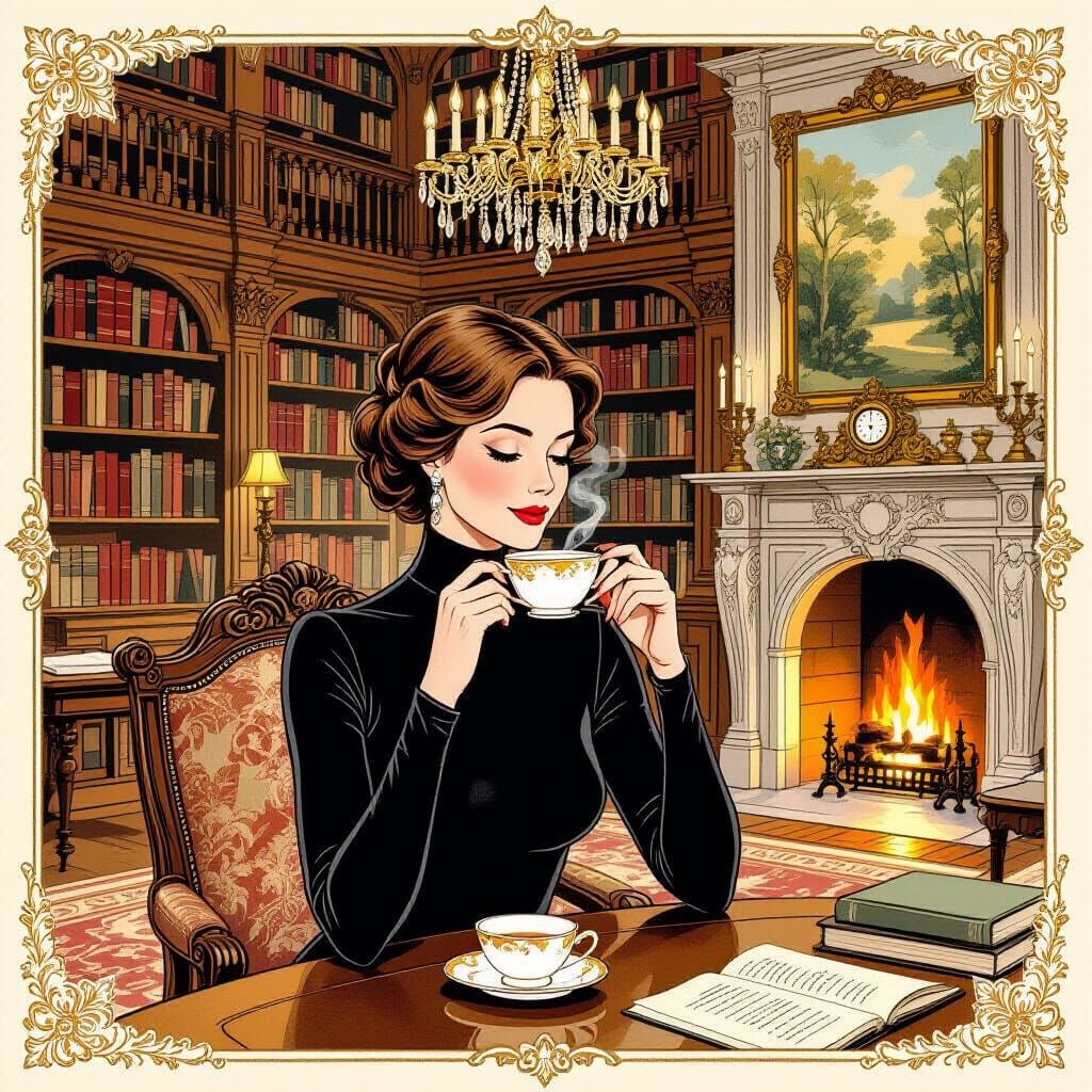 Woman Sipping Tea in Grand Library, Storybook Illustration S...