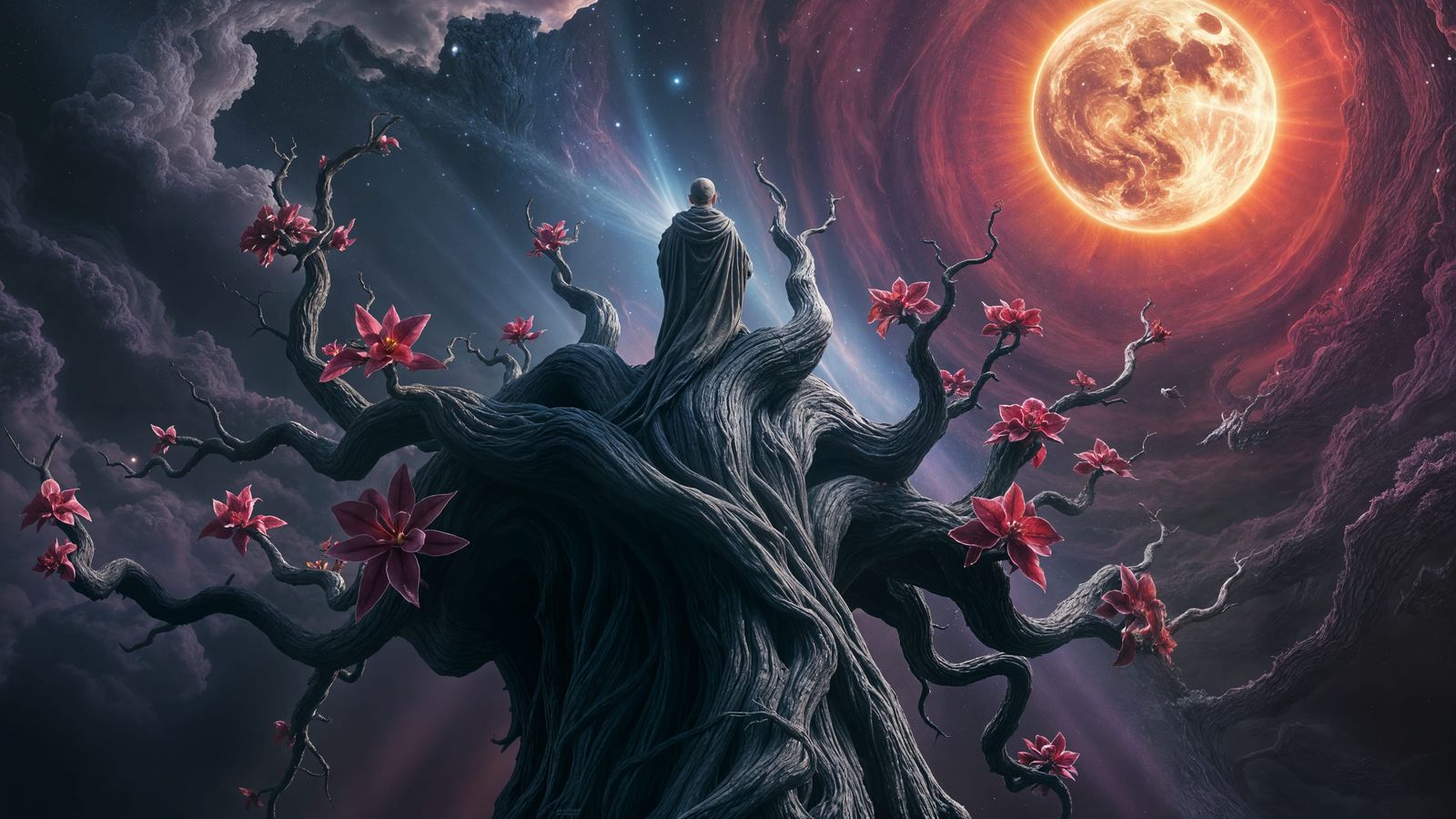 Meditating Monk On Primordial Tree Above Nebula