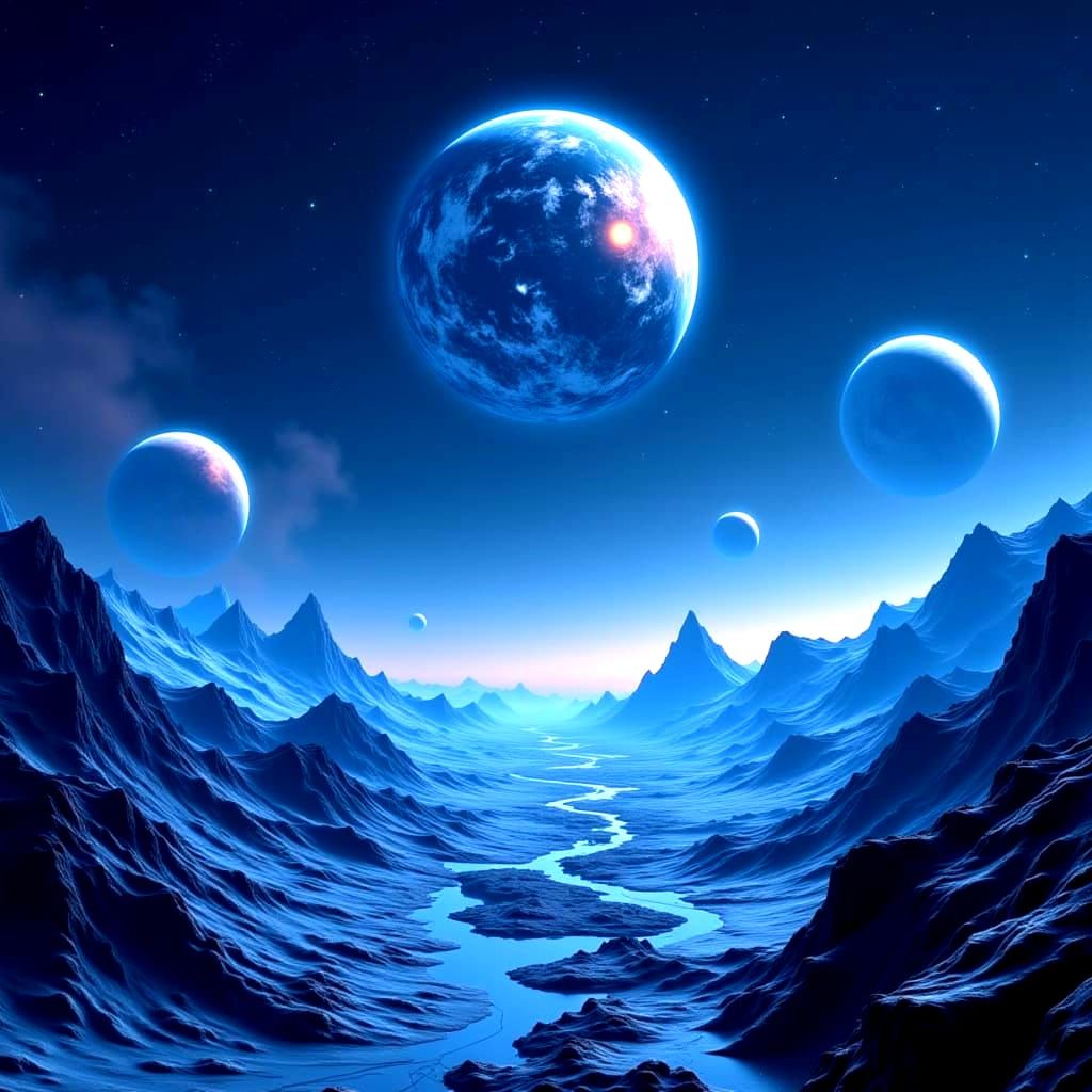 Alien Cosmic Landscape with Bioluminescent Planets