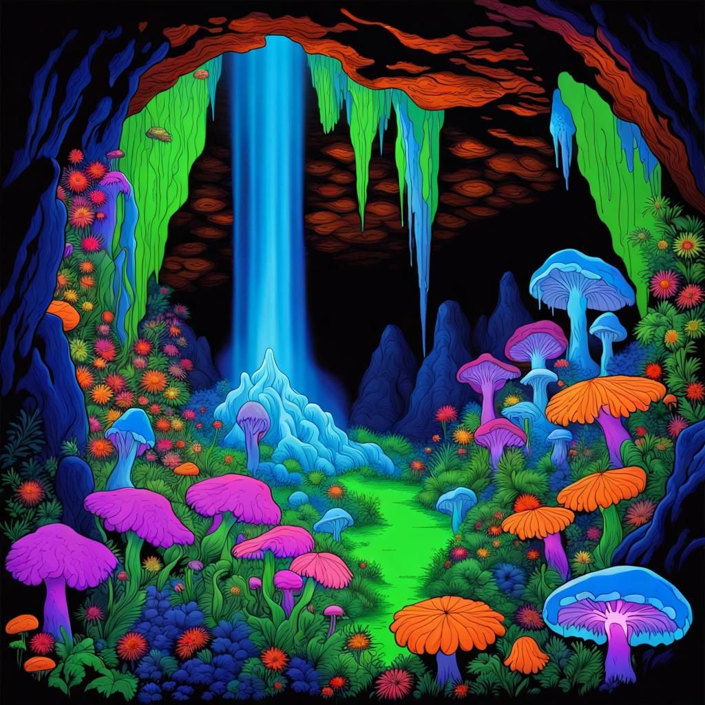 Blacklight Cave with Fluorescent Flora and Waterfall
