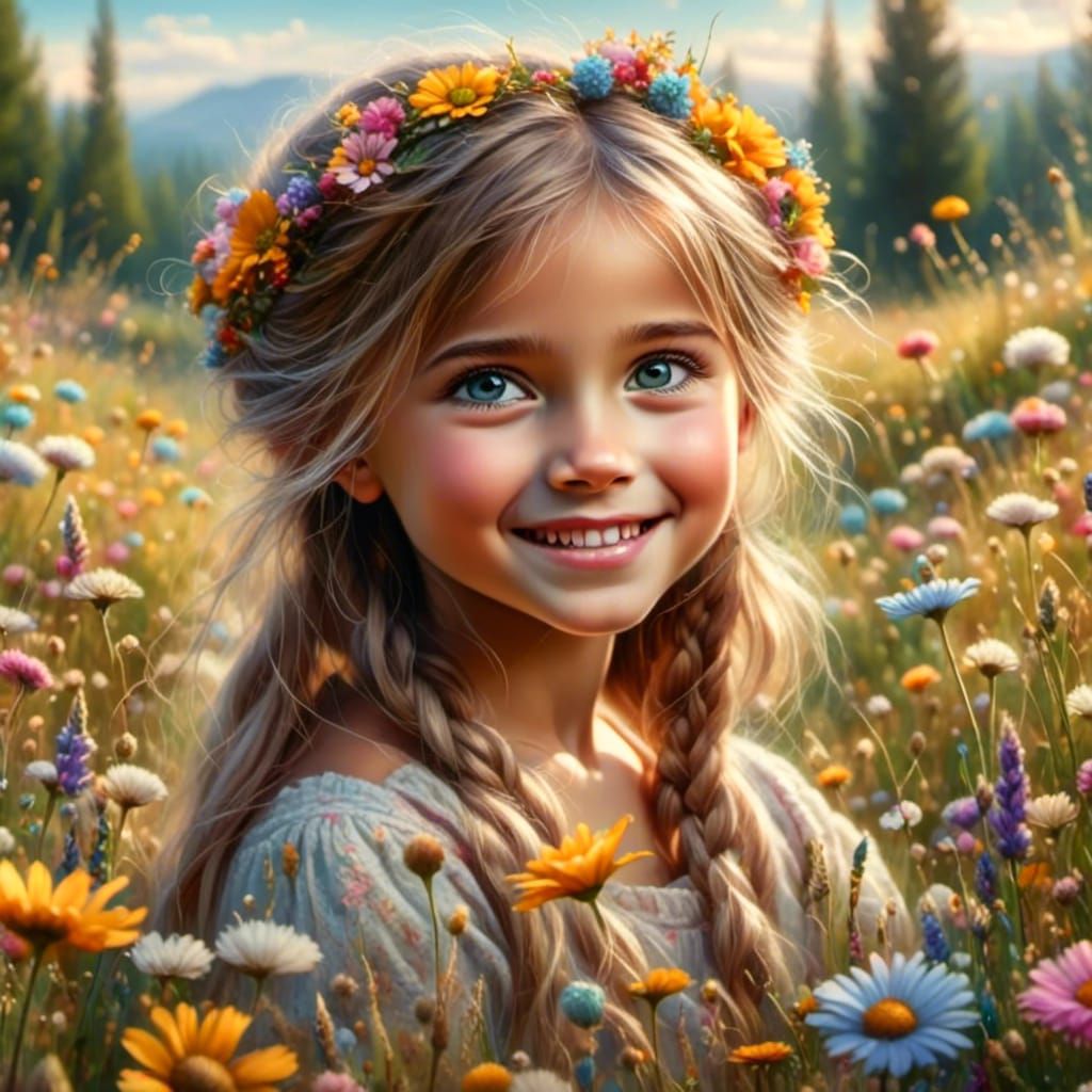Beautiful Tanned Girl in Wildflower Field, Digital Painting