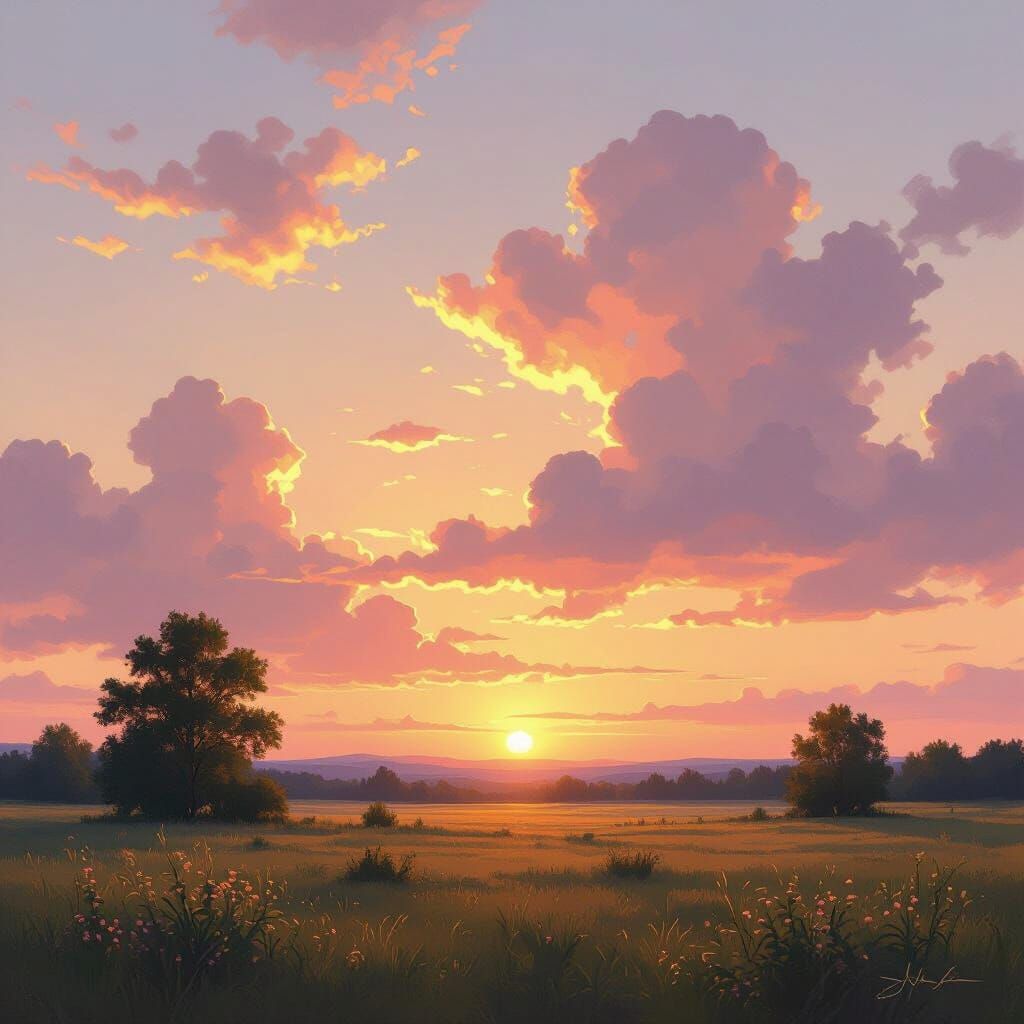 Majestic Sunrise Landscape with Golden Light and Pink Hues