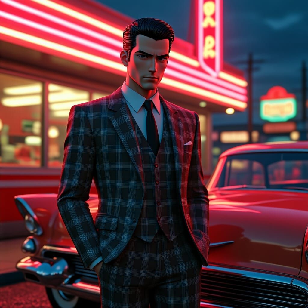 1950s Diner Scene with Vintage Car, in 3D Anime Art