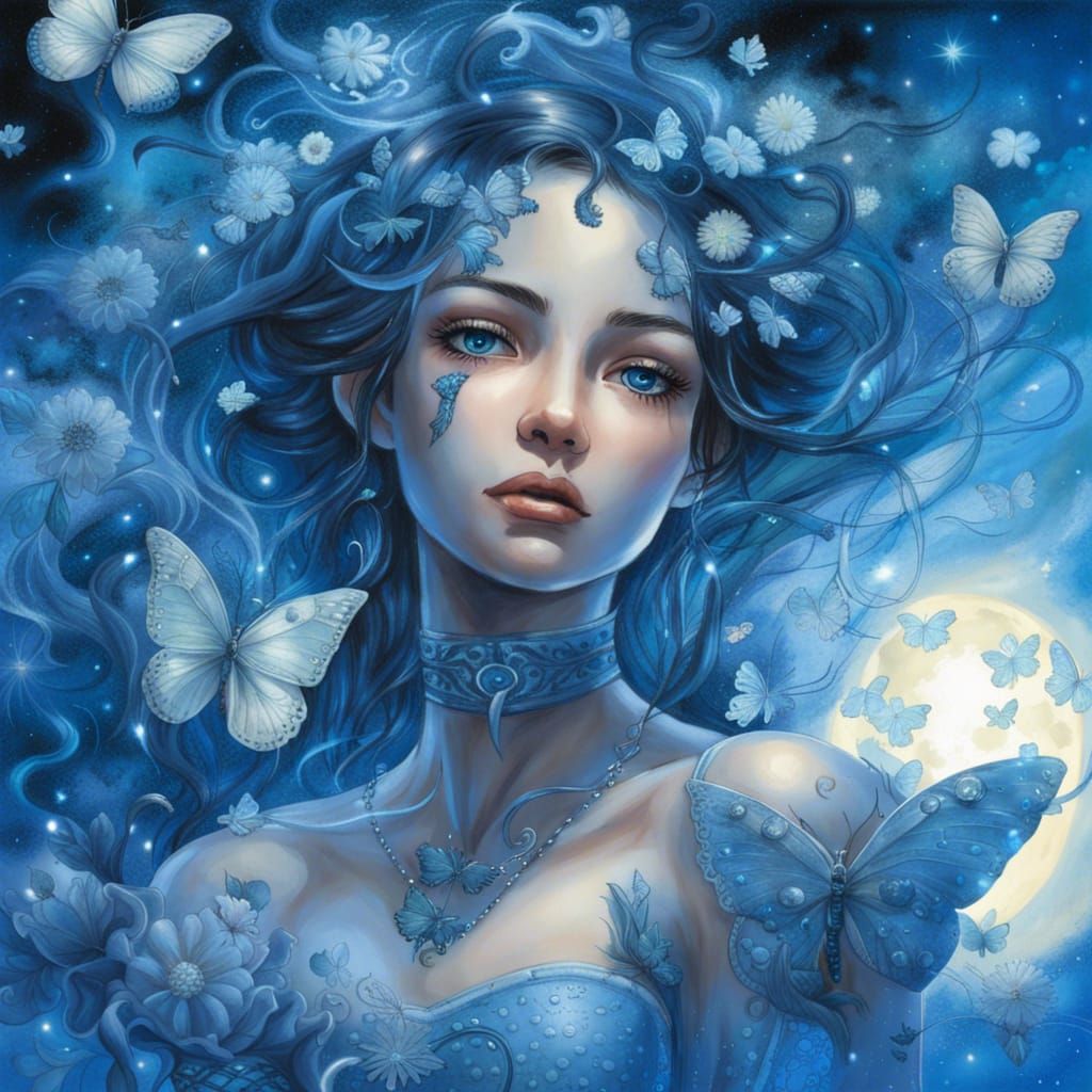 Radiant Blue Girl in Anime Gouache Painting