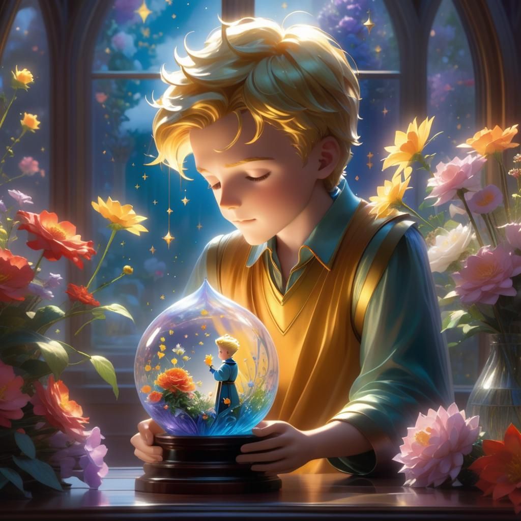 Little Prince Tending Flower in Ethereal Fantasy Style