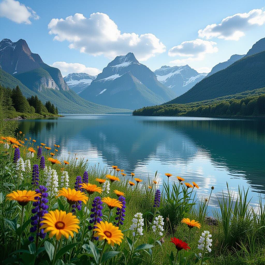 Wildflowers by Lake with Mountains in Dark Fantasy Style