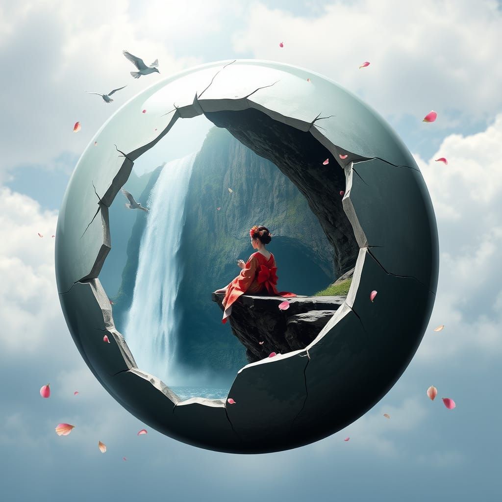 Surreal Geisha on Cliff's Edge, Gazing at Underwater Waterfa...