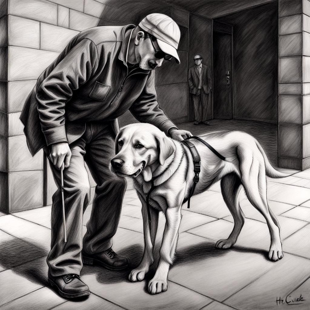 Charcoal Drawing: Blind Man and Guide Dog