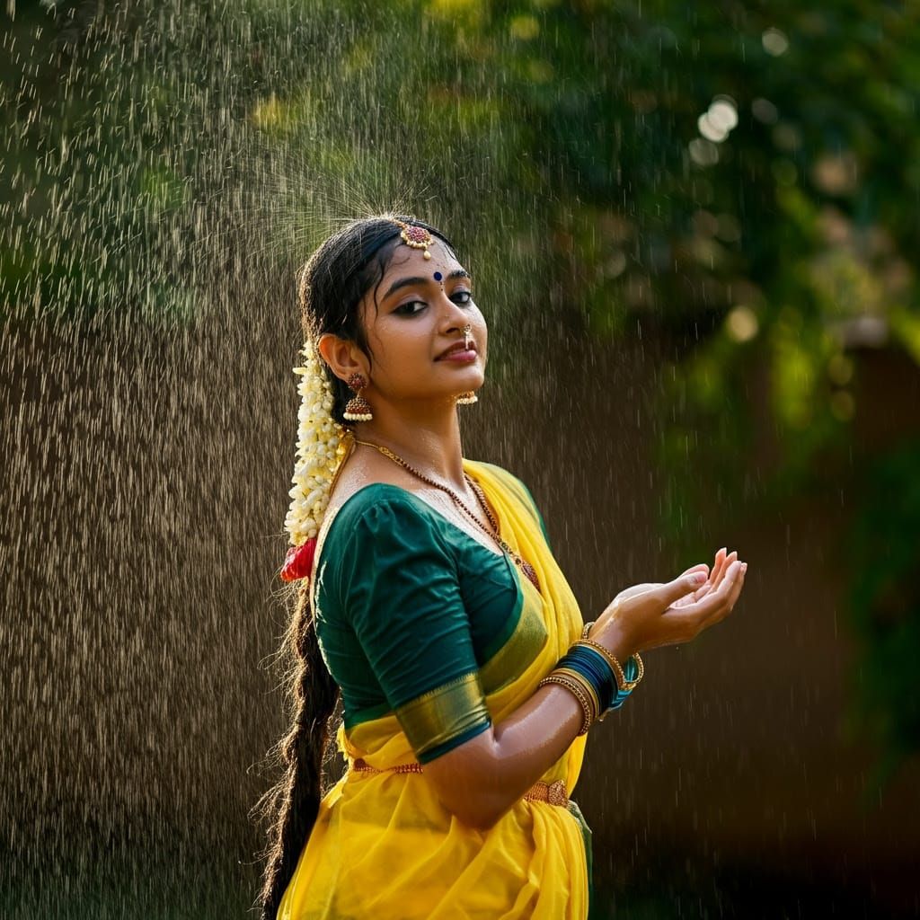 South Indian Girl in Shower, Classical Art Style