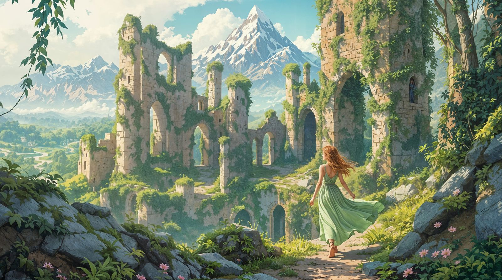 Whimsical Ruins Explorer in Pastel Fantasy