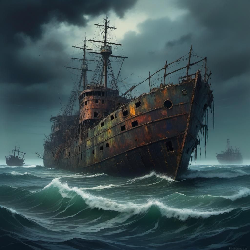 Gloomy Post-Apocalyptic Seas with Derelict Ship