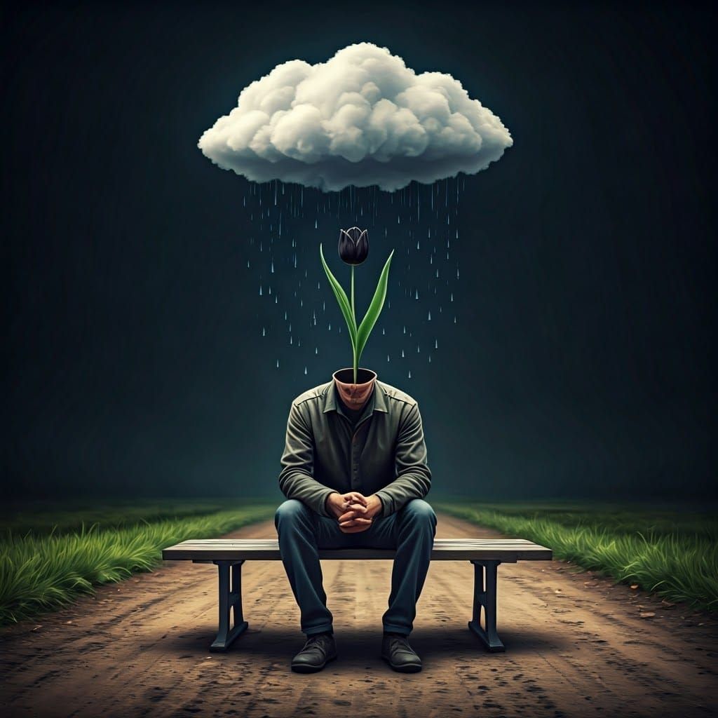 Man with Tulip and Rain Cloud: Fantasy Concept Art