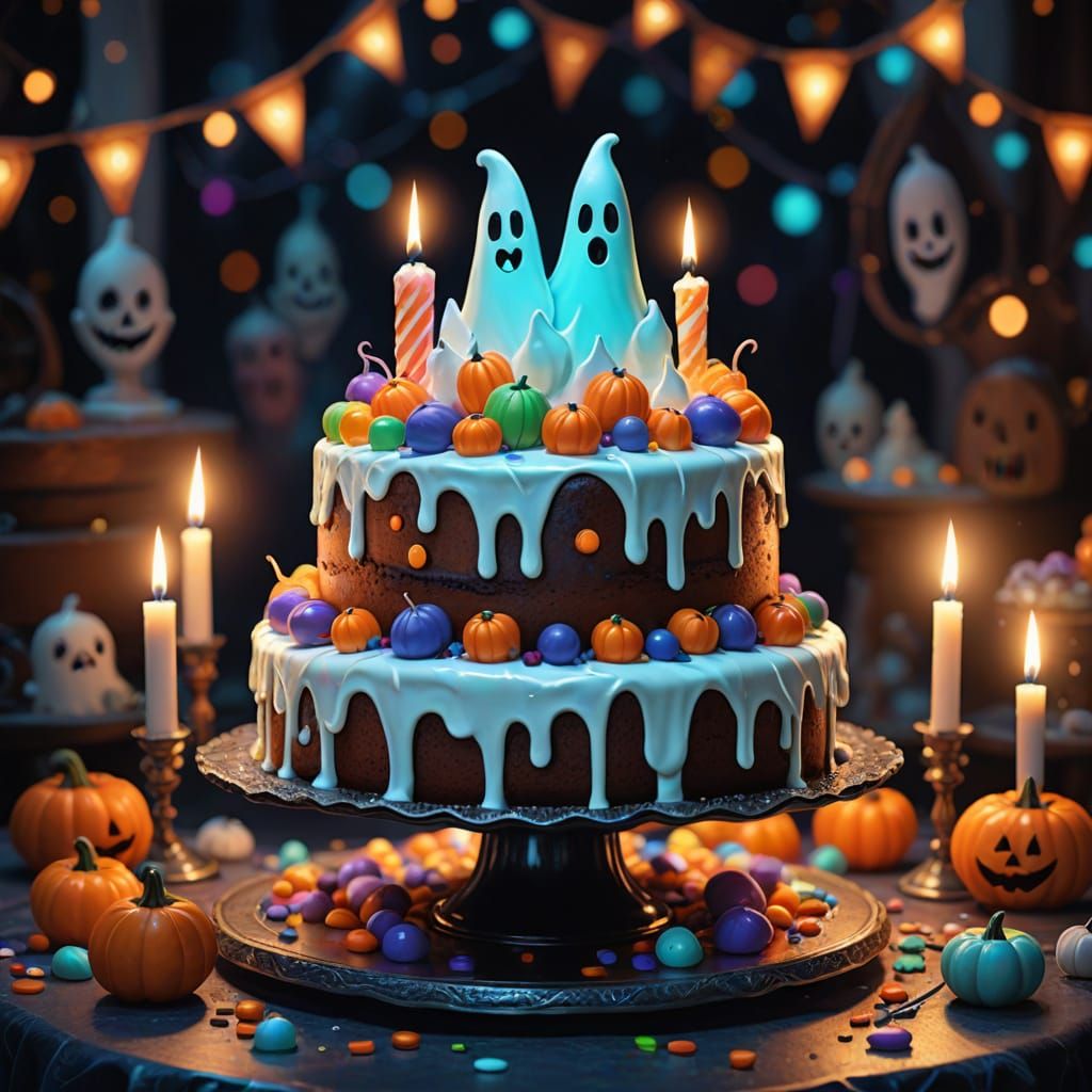 Vibrantly Decorated Haunted Cake with Joyful Ghosts