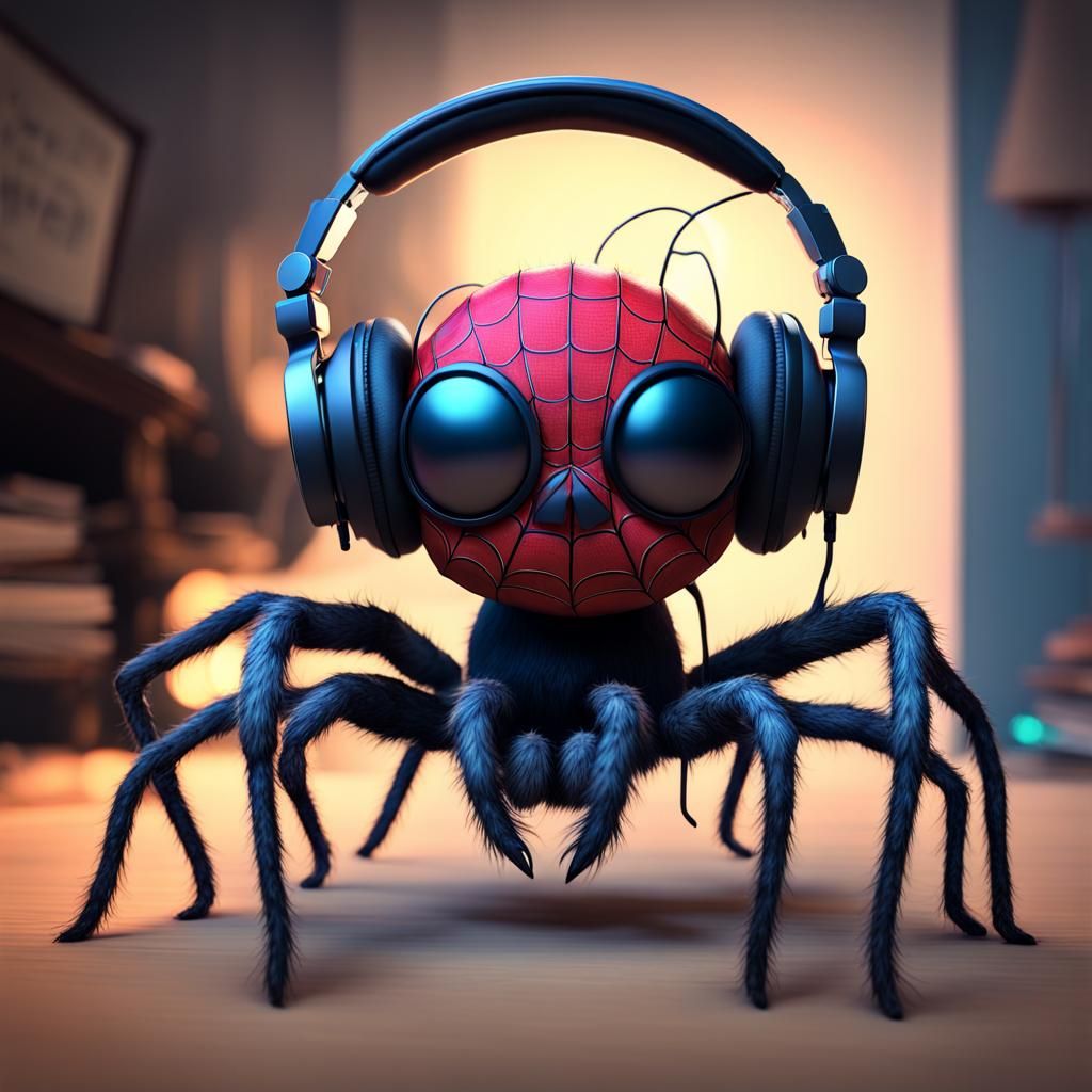 Spider with Headphones in Detailed Surrealist Style