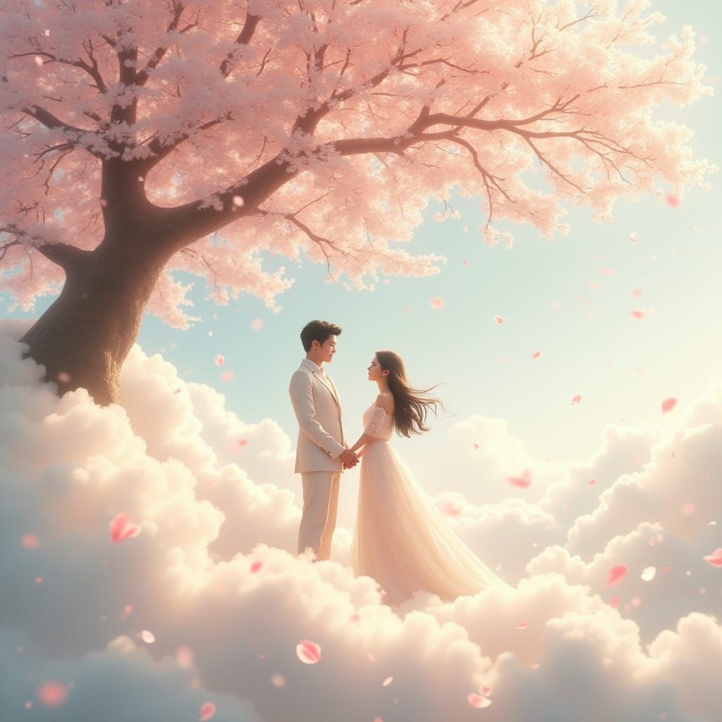 Romantic Couple Under Sakura Tree in Dreamy Sky